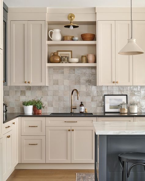 Kitchen Open Layout With Island, Painted Kitchen Cabinets Colors Black Counters, Modern Kitchen With White Appliances, Closing Space Above Kitchen Cabinets, Rh Kitchen, Timeless Kitchen Cabinets, Taupe Kitchen Cabinets, Beige Kitchen Cabinets, Cabinets Colors