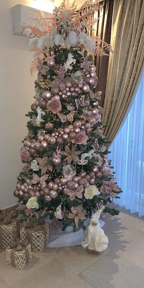 Sage And Pink Christmas Tree, Christmas Tree Decor Ideas Pink, Rose Gold And Red Christmas Tree, Pink And Brown Christmas Tree, Christmas Tree Rose Gold Decoration, Pink And Gold Christmas Tree Decorations, Christmas Tree Pink And Gold, Pink Christmas Tree Aesthetic, Rose Gold Christmas Tree Decorations