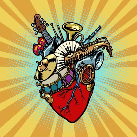 Music in the heart, musical orchestral instruments. Comic cartoon pop art illustration retro vintage kitsch vector Robotics Drawing, Pop Art Illustration Retro, Human Robotics, Music Instruments Illustration, Musical Instruments Art, Music Pop Art, Music Graphic Design, Cartoon Pop Art, Illustration Pop Art