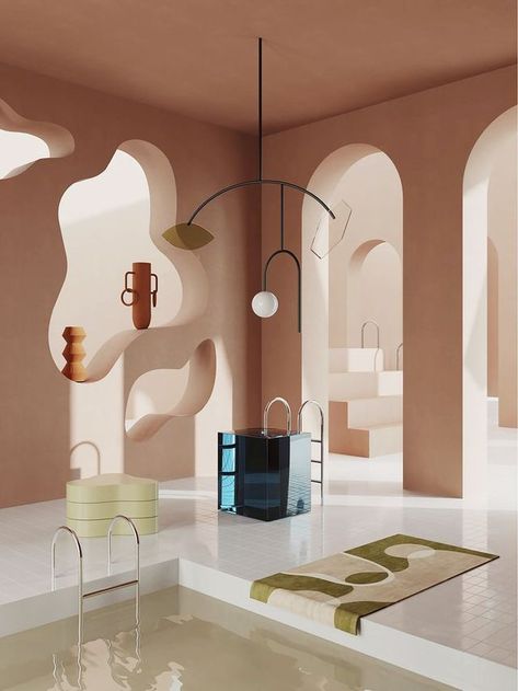 Royal Garance Hydro room, imaginary interior ﻿project 2019, with Benjamin Guedj by French artist Garance Vallée Benjamin Guedj, Moodboard Design, Dreamscape Architecture, Trend 2023, Glass Inspiration, Futuristic Interior, Retro Interior, Trends 2023, Style Deco