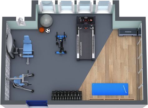 RoomSketcher Home Gym Floor Plan                                                                                                                                                                                 More Gym Layout, Home Gym Layout, Basement Home Gym, Small Home Gyms, Home Gym Flooring, Home Gym Setup, Workout Room Home, Home Gym Garage, Gym Floor