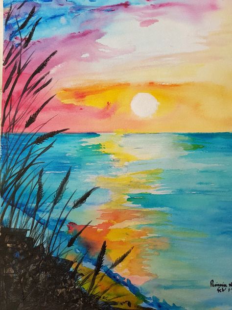 Abstract Sunset by ChezPimmi on Etsy Easy Watercolor Landscape, Sunset Landscape Painting, Landscape Painting Ideas, Abstract Sunset, Watercolor Art Diy, Watercolor Art Journal, Watercolour Ideas, Watercolor Art Paintings, Watercolor Sunset