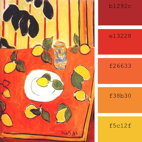 Henri Matisse - Black Philodendron and Lemons COLOR PALETTE Henri Matisse Color Palette, Matisse Colour Palette, Matisse Color Palette, Matisse Palette, Black Philodendron, Lemon Color Palette, Color Wheel Design, Pallet Color, Flat Color Palette