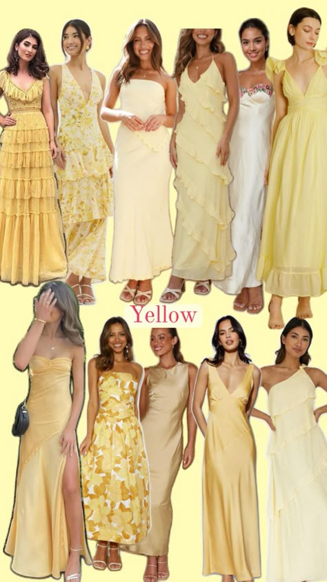 Pink Yellow Weddings, Bridesmaid Dresses Color Palette, Dresses And Shoes, Yellow Bridesmaid, Bridal Party Outfit, Yellow Bridesmaid Dresses, Yellow Bridesmaids, Dream Wedding Ideas Dresses, Bridesmaid Dress Colors