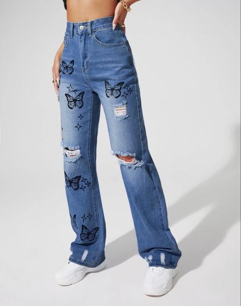 S(4) Affordable Jeans, Denim Decor, Cute Pants, Denim Patterns, Printed Jeans, Cute Jeans, Clothing Size Chart, Womens Clothing Sizes, Butterfly Print