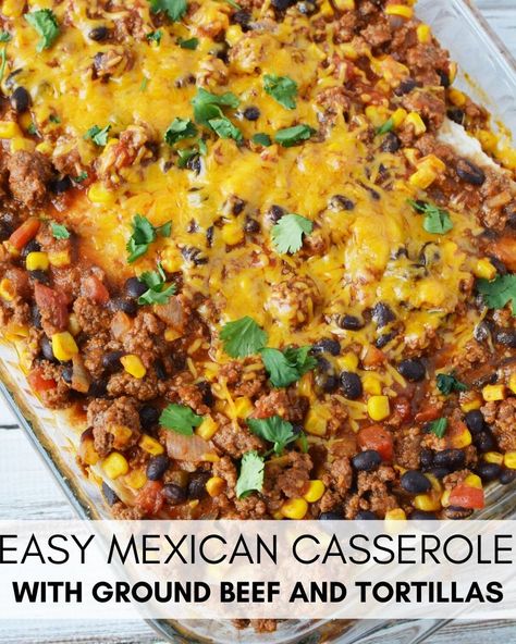 Easy Mexican Casserole -  make up your ground beef and seasonings and then layer between tortillas, bake and serve! Your casserole should be filling, keep you full, and have loads of delicious cheese! #mexicancasserole #casserole #mexicanrecipes #groundbeefrecipes #dinner #easyrecipes #easydinnerrecipes #saltysidedish Easy Mexican Dishes With Ground Beef, Tortilla Bake Casserole Ground Beef, Mexican Casserole With Ground Beef, Mexican Style Casserole, Mexican Tortilla Casserole Ground Beef, Mexican Dish With Ground Beef, Low Sodium Mexican Casserole, Cowboy Mexican Casserole, Mexican Bake