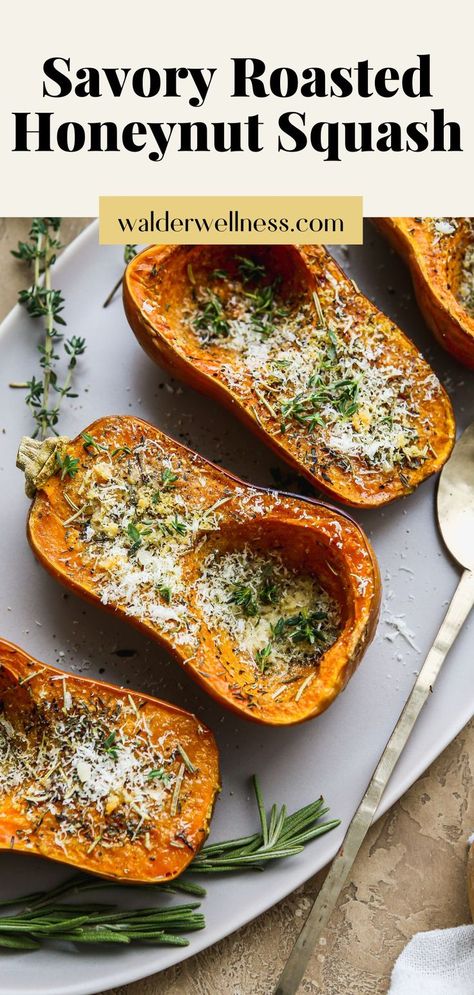 Savory roasted honeynut squash topped with thyme, rosemary, garlic, and parmesan on a serving platter. Butternut Squash Oven, Roasted Honeynut Squash, Roasted Squash Recipes, Butternut Squash Recipes Healthy, Butternut Squash Side Dish, Oven Roasted Butternut Squash, Healthy Squash Recipes, Savory Butternut Squash, Butternut Squash Recipes Roasted