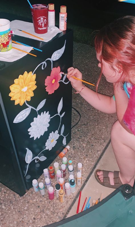 painting our mini fridge.... vsco&insta// @cdedoming Painting Mini Fridge Diy, Top Of Mini Fridge Decor, Decorated Mini Fridge, Decorate Mini Fridge, Mini Fridge Painting Ideas, Mini Fridge Decoration Ideas, Painted Mini Fridge, Fridge Painting Ideas, Mini Fridge Makeover