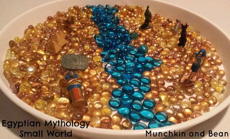 Munchkin and Bean: Egyptian Mythology Small World Egypt Sensory Bin, Ancient Egypt Sensory Bin, Around The World Sensory Bin, Medieval Sensory Bin, Ancient Egypt Kindergarten, Ancient Egypt Homeschool Activities, Egyptian Mythology, Sensory Bins, Small World