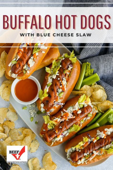 Buffalo Hot Dogs, Hot Dog Bar Ideas, Hotdogs Recipes, Cheese Slaw, Grilled Hot Dogs, Mom Meals, Beef Entrees, Grilled Foods, Types Of Sandwiches