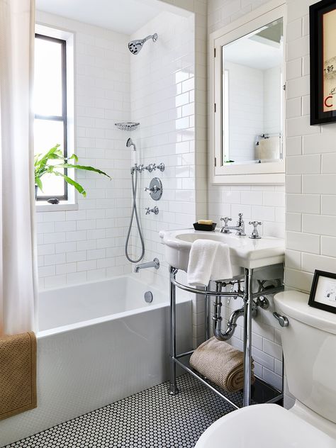 A Clever Layout Tweak Doubled the Storage in This 36-Square-Foot Kitchen Nyc Bathroom, Aesthetic Bathroom Decor, Under The Sink Storage, Greenwich Village Apartment, White Subway Tile Bathroom, Small Space Inspiration, Subway Tiles Bathroom, 20 Aesthetic, Kitchen Floor Plans