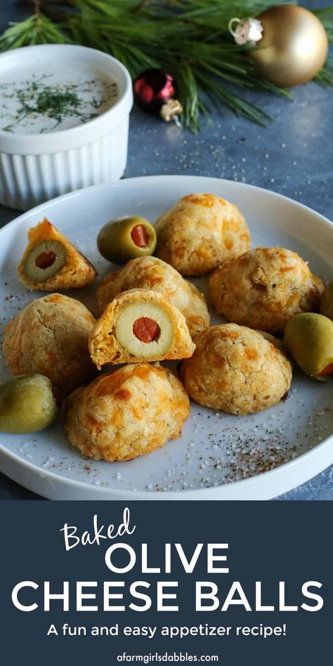 Olive Cheese Balls from afarmgirlsdabbles.com - Flaky, tender, cheesy dough surrounds a warm and salty-juicy olive. A fun and easy baked appetizer recipe, perfect for entertaining - and I give you two ways recipe versions! #olive #olives #cheese #balls #ball #cheeseballs #cheeseball #baked #appetizer #easy #recipe Baked Olives, Olive Appetizer, Baked Recipe, Appetizer Easy, Olive Recipes, Cheese Ball Recipes, Appetizer Bites, Cheese Appetizers, Appetizers And Dips