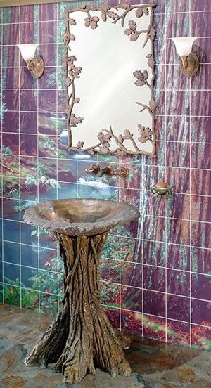 This is a very clever fairytale bathroom. You might meet a faun brushing his teeth at the sink if you forget to knock. Fairytale Bathroom, Fairy Bathroom, Fantasy Bathroom, Forest Bathroom, Artistic Bathroom, Sink Mirror, Beautiful Tiles, Bathroom Sink Design, Functional Artwork