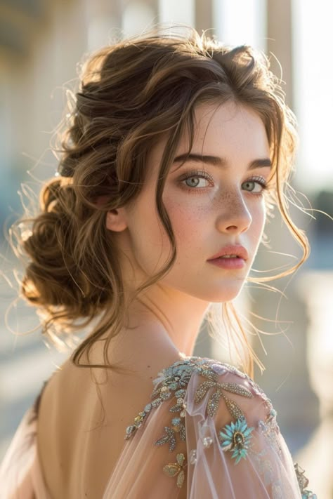 Young woman with tousled updo and freckles looking over her shoulder in golden sunlight. Romantic Long Dress, Updo Wedding Hairstyles For Long Hair, Wedding Guest Hairstyles Wavy Hair, Wedding Loose Hairstyles, Hair For A Gala, Long Hair Styles Wedding Guest, Wedding Guest Hairstyles Blowout, Wedding Guest Hair Thick Hair, Wedding Guest Flowers In Hair