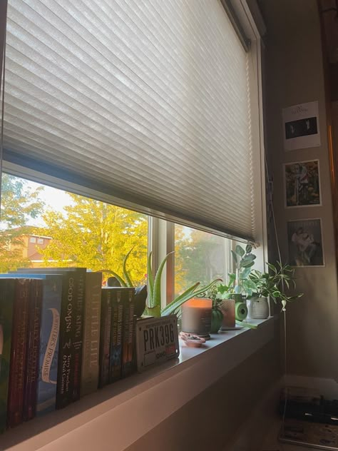 Plants room aesthetic bookshelf aesthetic Window Sill Bedroom Ideas, Books On Windowsill Aesthetic, Windowsill Ideas Bedroom, Window Seal Ideas Decor Bedroom, Windowsill Plants Aesthetic, Window Sill Decor Aesthetic, Aesthetic Window Sill, Bedroom Window Ideas Aesthetic, Bedroom Windowsill Decor