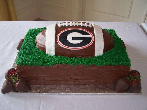 groom's cake - here's the groom's cake that went with the square wedding cake in my pics.  They are big UGA (University of Georgia) fans.  The cake is chocolate, with fudge icing, buttercream grass and accents and an edible image on a gumpaste plaque. ?sp Georgia Bulldogs Cake, Grooms Cake Ideas, Cake Football, Bulldog Cake, Diva Cakes, Football Cakes, Grooms Cakes, Square Wedding Cakes, Brown Rooms