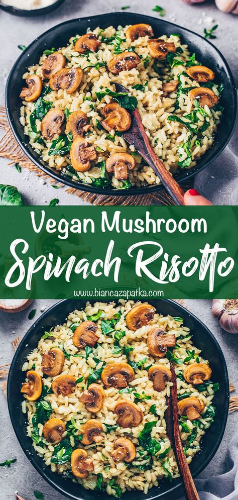 Vegan Spinach Dinner, Rissoto Recipes Vegan, Mushroom And Spinach Risotto, Vegan Arborio Rice Recipes, Vegan Mushroom Risotto Recipes, Wfpb Spinach Recipes, Plant Based Spinach Recipes, Vegan Mushrooms Recipe, Vegan Spinach Casserole