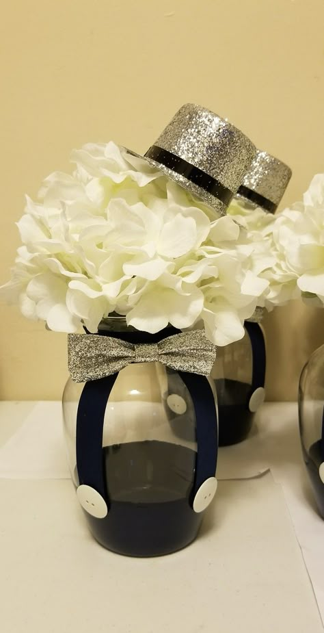 Navy Blue Silver Party Decorations, Bow Tie Centerpieces For Men, Bow Tie Decorations, Man Centerpieces Ideas, Table Centerpieces For Male Party, Black Tie Centerpieces Table Decorations, Bow Tie Centerpieces, Centerpieces For Male Birthday Party, Centerpieces For 60th Birthday Party