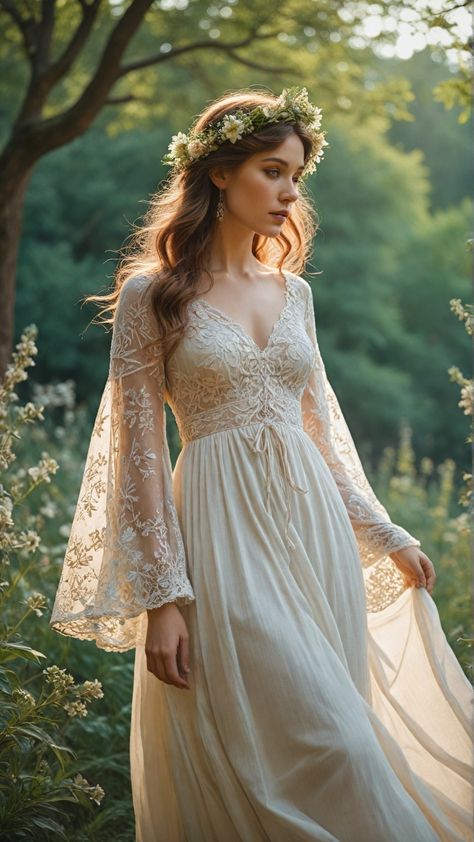 Channel your inner bohemian goddess with this A-line wedding dress. With flowing bell sleeves, intricate macramé lace, and a meadow backdrop, this gown radiates carefree elegance.            #BohoBride #BohemianWedding #EtherealFashion #WeddingStyle #MeadowWedding #LaceGown #EffortlessBride Galadriel Wedding Dress, Traditional Scottish Wedding Dress, Boho Ethereal Wedding Dress, Hobbit Wedding Dress, Flowy Wedding Dress Whimsical, Elvish Wedding Dress, Earthy Wedding Dress, White Boho Wedding Dress, Wedding Dress With Bell Sleeves