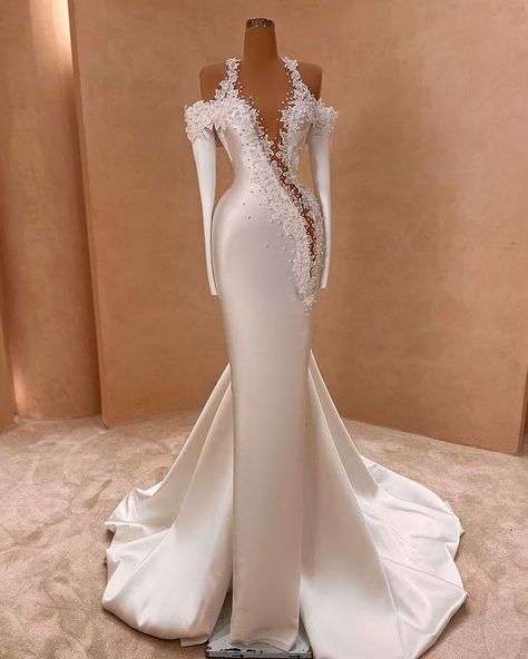 V A L D R I N S A H I T I (@valdrinsahiti) • Instagram photos and videos Best Formal Dresses, Glam Wedding Dress, Pearl Wedding Dress, Long Sleeve Wedding Gowns, Beautiful Evening Dresses, White Evening Dress, Satin Evening Dresses, Womens Wedding Dresses, Womens Prom Dresses