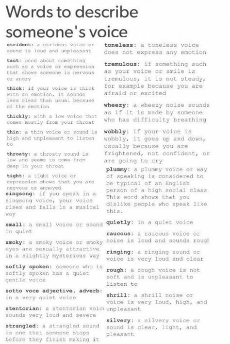 Charm has a soft spoken, silvery, ringing singsongy voice. Words To Describe Someone, Writing Dialogue Prompts, Creative Writing Tips, Essay Writing Skills, Writing Inspiration Prompts, Writing Characters, Writing Dialogue, Creative Writing Prompts, Book Writing Tips