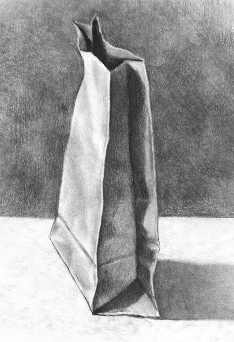 Paper Bag Drawing, Value Drawing, Still Life Sketch, Bag Drawing, Observational Drawing, Drawing Bag, Object Drawing, White Drawing, Charcoal Art