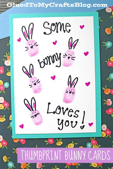 Thumbprint Bunny Cards - Kid Craft Baby Easter Crafts, Easter Art Project, Easter Craft Activities, Bunny Cards, Somebunny Loves You, Easter Crafts Preschool, Easter Crafts For Toddlers, Easter Arts And Crafts, Fun Easter Crafts