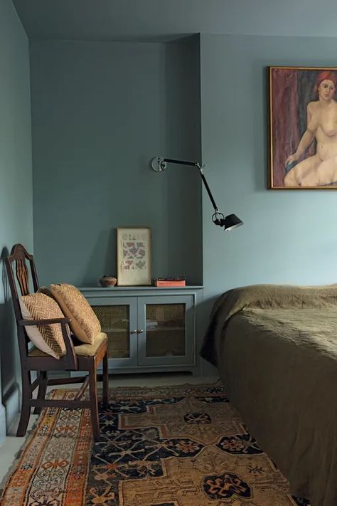 Monochrome Study Room, Billy Cotton Bedroom, Light Blue Scandinavian Bedroom, Nicki Kehoe, Bedroom Painted All One Color, Dark Paint For Small Rooms, Schoolhouse Electric Bedroom, Color Drenched Blue Bedroom, Open Concept Living Room Paint Colors