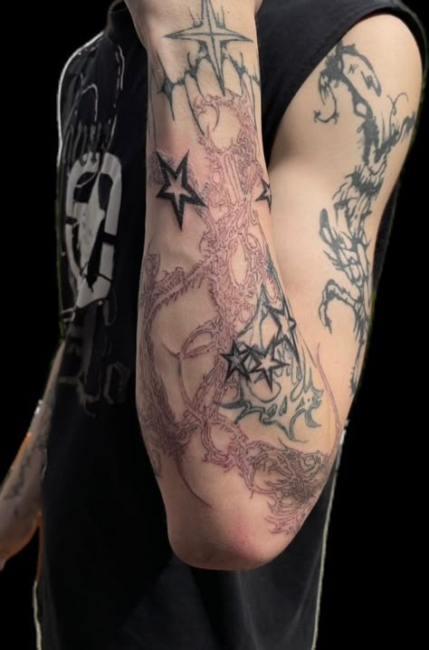 Patchwork Tattoo Men Sleeve, Arm Tattoo Men Biceps, Whole Arm Tattoo Men, Lighting Sleeve Tattoo, Punk Sleeve Tattoo, Tattoo Ideas Male Sleeve, Gothic Forearm Tattoo, Man Forearm Tattoo, Overlapping Tattoos