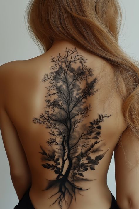 Tattoo Ideas Female Detailed, Nature Tattoo Back Piece, Forest Back Tattoo Women, Full Back Tattoo Women Cover Up, Tree Goddess Tattoo, Aesthetic Spine Tattoos Women, Tree Root Tattoos For Women, Forest Spine Tattoo, Ornamental Tree Tattoo