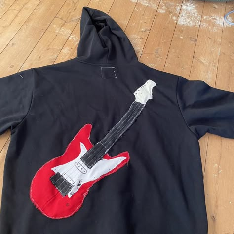 Hand sewn Guitar / Rocker hoodie 🎸 - made using... - Depop Thrift Flip Hoodie, Patch Hoodie Diy, Mcr Patch, Embroidered Hoodie Diy, Diy Hoodie Design, Embroider Clothes, Hand Painted Hoodie, Patchwork Hoodies, Diy Hoodie