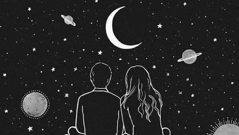 People Stargazing Drawing, Two People Looking At The Stars Drawing, Stargazing Drawing, Black Background Painting, Moon Cartoon, Romantic Artwork, Couple Sketch, Black Paper Drawing, Couple Silhouette