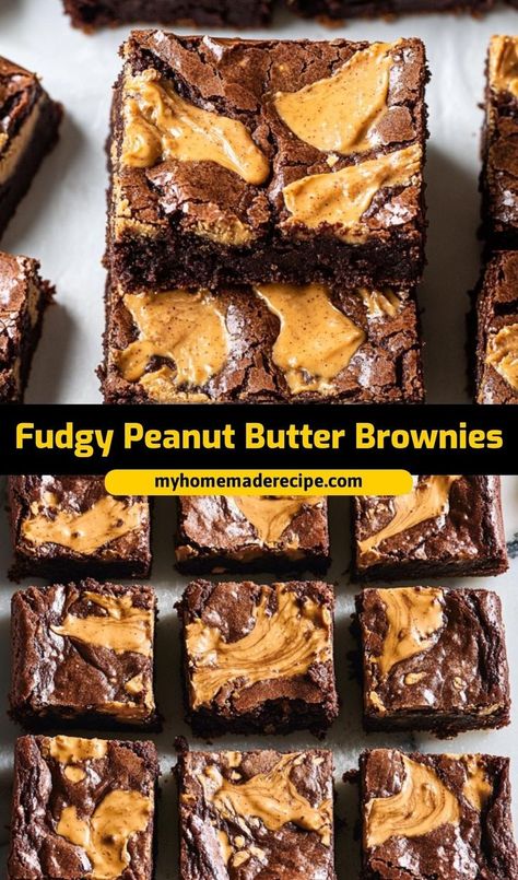 These fudgy peanut butter brownies are the best brownies for a rich and creamy dessert. Packed with chocolate and swirls of peanut butter, they’re the ultimate brownies for peanut butter lovers Fudgy Peanut Butter Brownies, Peanut Butter Filling For Brownies, Chocolate And Peanut Butter Brownies, Peanut Butter Fudge Brownies, Peanut Butter Brownies Box Recipes, Hand Held Desserts, Dessert With Peanut Butter, Peanut Butter Chocolate Desserts, Peanut Butter Chocolate Brownies