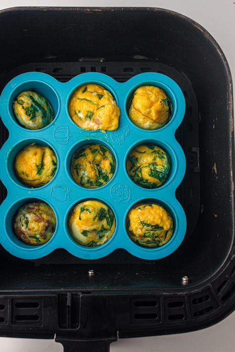 Air Fryer Egg Bites - The Flexible Fridge Air Fryer Egg Bites, Easy Breakfast Options, Starbucks Egg Bites, Silicone Cupcake Liners, Egg Bites Recipe, Cheese Bites, Protein Packed Breakfast, Egg Bites, Sausage And Egg