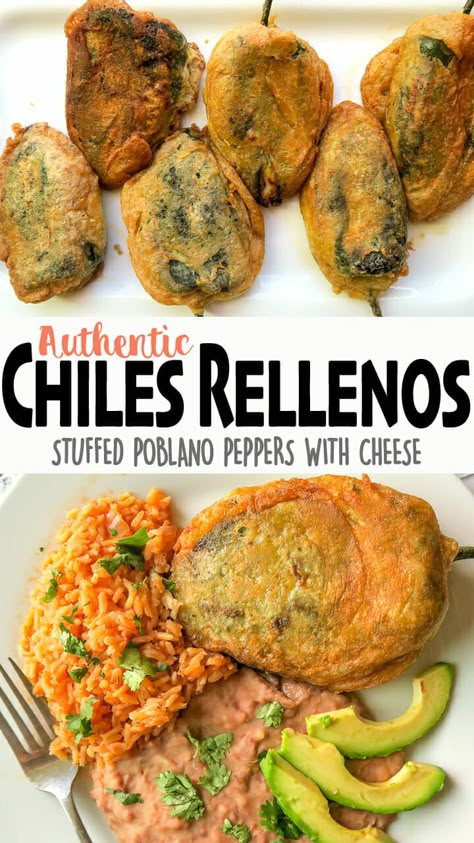 Craving Authentic Mexican food? Try these Chiles Rellenos! Charred Poblano Peppers that are stuffed with a blend of cheeses, then fried in egg batter until golden brown! Makes a perfect budget-friendly, meatless weeknight dinner! Click ?for the full detailed recipe, video, and step-by-step photo guide! ??#mexicanfoodrecipes #vegetarian #recipes #ketorecipes #chiles #keto Stuffed Chili Relleno Recipe, Chile Relleno Recipe, Rellenos Recipe, Poblano Peppers Recipes, Authentic Mexican Food, Poblano Peppers, Chile Relleno, Hispanic Food, Mexican Food Recipes Easy