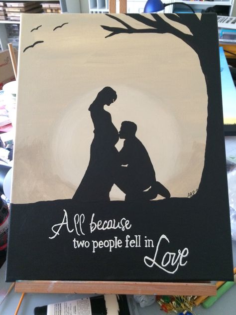 "All because two people fell in love". Husband and pregnant wife silhouette. Maternity Art Paintings, Pregnant Painting Canvas, Canvas Painting For Husband, Pregnancy Drawing Sketches, Husband And Wife Drawing, Husband And Wife Painting, Pregnant Couple Drawing, Pregnant Wife And Husband, Husband And Pregnant Wife