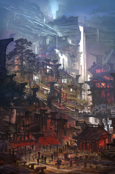 theartofanimation: Feng Zhu Rpg Wallpaper, Concept Art Landscape, Feng Zhu Design, Feng Zhu, Bg Design, Rpg Dice, Fantasy City, Fantasy Setting, Fantasy Places