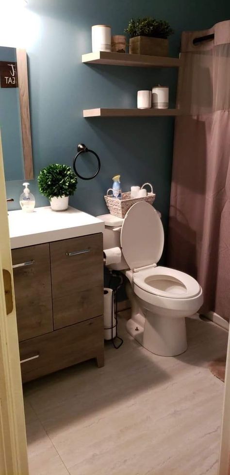 Sherwin Williams Mountain Stream, Mountain Stream Sherwin Williams, Slate Blue Bathroom, Blue Bathroom Paint, Small Bathroom Paint Colors, Small Bathroom Paint, Family Room Remodel, Gray Bathroom Accessories, Half Bathrooms