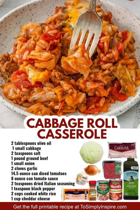 Easy Recipes Group | RECIPE: https://www.tosimplyinspire.com/cabbage-roll-casserole.html Cabbage Roll In A Bowl, Cabbage Roll Dinner Skillet, Skillet Cabbage Roll Casserole, Cabbage Rice Ground Beef Casserole, All Recipes Cabbage Roll Casserole, Hamburger Cabbage Rice Casserole, Easy Cabbage Rolls, Cabbage Roll Casserole, Small Cabbage