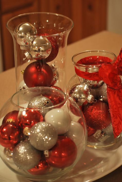 Dollar tree Christmas Decorations | two Dollar Tree vases, one vase I already owned, ribbon from Christmas ... Country Porches, Cheap Ideas, Decoration House, Christmas Table Centerpieces, Dollar Store Christmas, Christmas Centerpieces Diy, Dollar Tree Christmas, Diy Decorations, Indoor Christmas Decorations