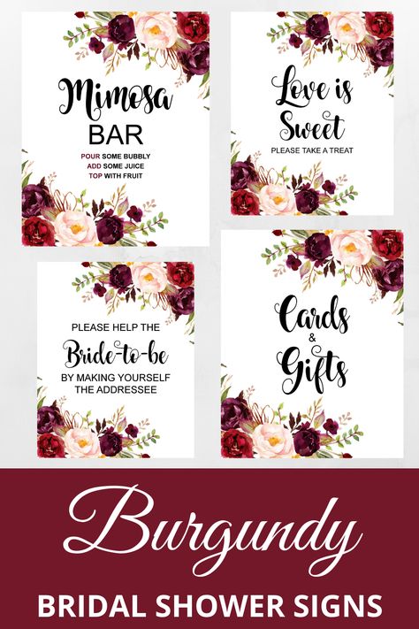 Burgundy Bridal Shower Ideas Decorations Table Signs Mimosa Bar Gifts Sign Favors Sign Printable Bridal Shower Ideas Burgundy, Bridal Shower Burgundy, Maroon Bridal Shower Ideas, Red And Gold Bridal Shower Ideas, Red Roses Bridal Shower Theme, Red Bridal Shower Ideas, Burgundy Bridal Shower Ideas, Bridal Shower Ideas Decorations, Bridal Shower Table Decorations