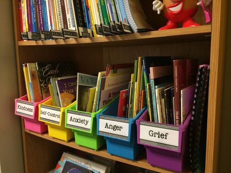 Love this organization for counselor library. Correlate Library Thing categories to categories on shelves. School Counselor Organization, Play Therapy Office, Counseling Organization, Social Work Offices, Play Therapy Room, Psychologist Office, Counseling Office Decor, School Counseling Office, School Counselor Office