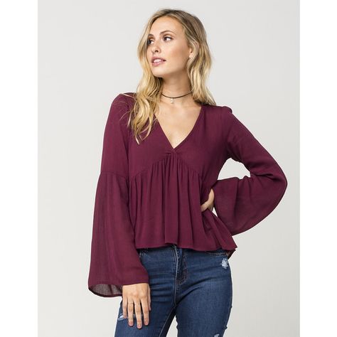 Full Tilt Empire Womens Peasant Top ($27) ❤ liked on Polyvore featuring tops, blouses, bell sleeve blouse, gauze blouse, bell sleeve tops, purple top and v neck blouse Empire Waist Tops Blouses, Empire Waist Blouse, Flowy Tops Outfit, Women Tops Online, Bell Sleeve Tops, Gauze Blouse, Ruched Blouse, Fancy Shirt, Empire Waist Tops