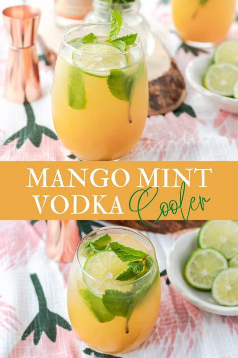 A vodka mango and mint cocktail that is refreshing and crisp. It's made with homemade mint simple syrup, mango juice, lime, and vodka. #Vodka #cocktailrecipe #Cocktail #ElleTalk #EasyCocktail Mango Vodka Cocktail, Refreshing Cocktail Recipes, Mango Vodka Drinks, Mango Cocktail Recipes, Simple Vodka Cocktails, Cocktails With Mint, Cocktail Recipes Vodka, Simple Cocktail Recipes, Cocktails With Vodka