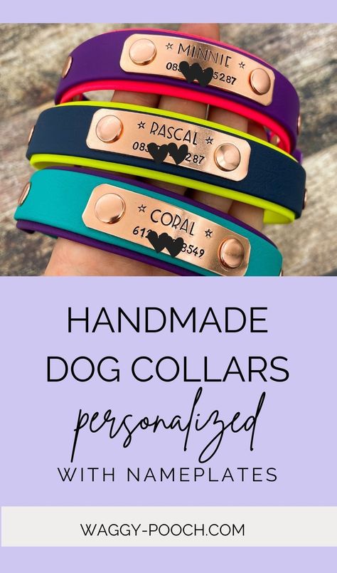 Never worry about your dog losing their ID tag again! We've designed this durable dog collar with a built-in nameplate for a modern look. Our signature collars are handmade with waterproof webbing material, making them durable and water repellent, and super easy to clean. Features include a heavy-duty D ring for leash attachment, riveted on copper or brass nameplate hand-stamped with the dog's name and one phone number and elegant rose gold or brass buckle. Engraved Name Plates, Personalized Leather Gifts, Personalized Leather Dog Collar, Leather Engraved, Velvet Dog Collar, Leather Dog Collar Custom, Engraved Dog Collar, Waterproof Dog Collar, Luxury Dog Collars