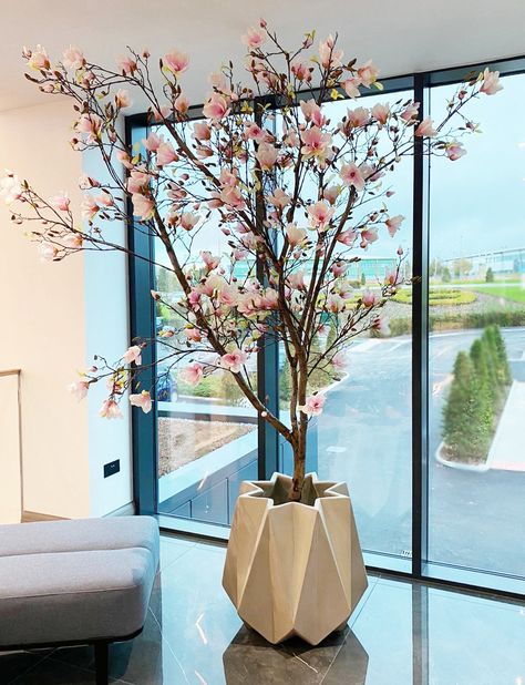 Interior Planting at Euro Garages Head Office Pink Artificial Tree, Faux Magnolia Tree, Office Flower Decor, Artificial Trees Indoor Decor, Pink Magnolia Tree, Artificial Indoor Trees, Magnolia Decor, Tall Indoor Plants, Tree Stem