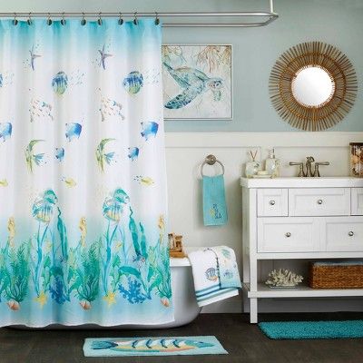 Hawaii Bathroom, Shower Curtain Target, Watercolor Shower Curtain, Ocean Watercolor, Fish Motif, Blue Towels, Curtain Patterns, Colorful Fish, White Towels