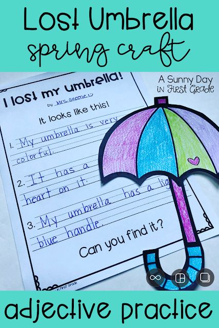 Spring Adjective Practice (umbrella craft) | A Sunny Day in First Grade Kindergarten Spring Crafts, Spring Writing Activity, First Grade Projects, Spring Classroom Activities, First Grade Crafts, 1st Grade Crafts, Umbrella Craft, Writing Mini Lessons, 2nd Grade Activities