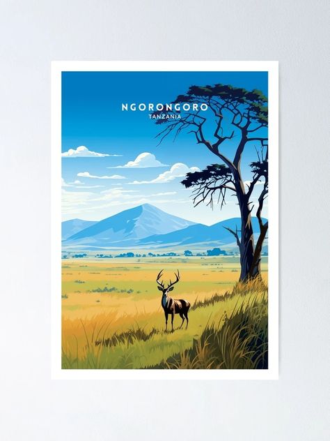 "Ngorongoro Tanzania Crater Wildlife Travel Illustration" Poster for Sale by NeuralVibe | Redbubble Crater Illustration, Wildlife Travel, Travel Illustration, Unesco World Heritage, Unesco World Heritage Site, Heritage Site, Tanzania, Worlds Largest, World Heritage