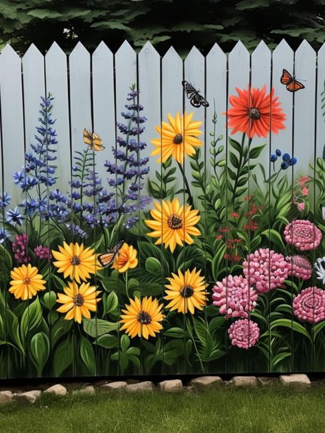 Fence Mural Ideas Backyards, Art On Brick Wall, Garden Mural Outdoor Wall Art, Fence Murals, Fence Painting, Stairs Wall, Flower Planting, Garden Fence Art, Garden Mural